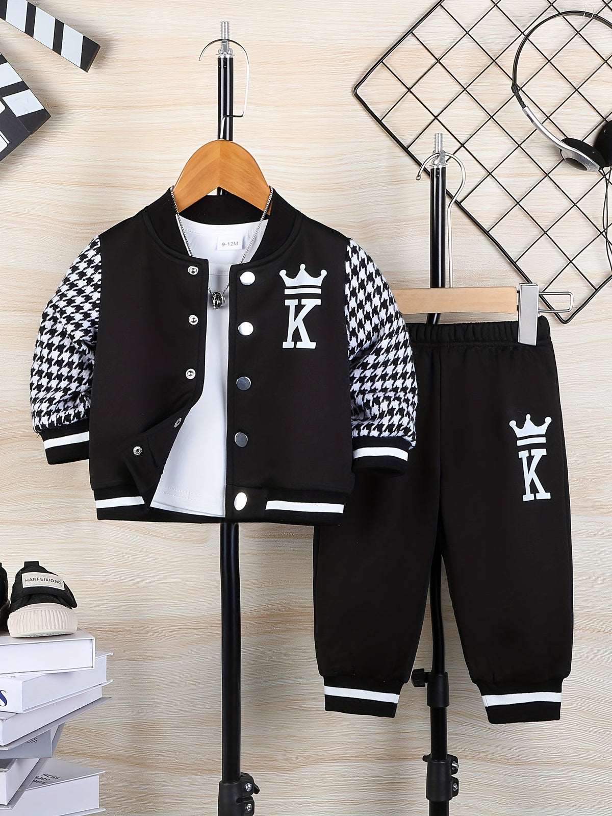 Baby Boys' Jacket Pants Set with Crown K Graphics and Houndstooth Sleeves for Coordinated Everyday Outfits