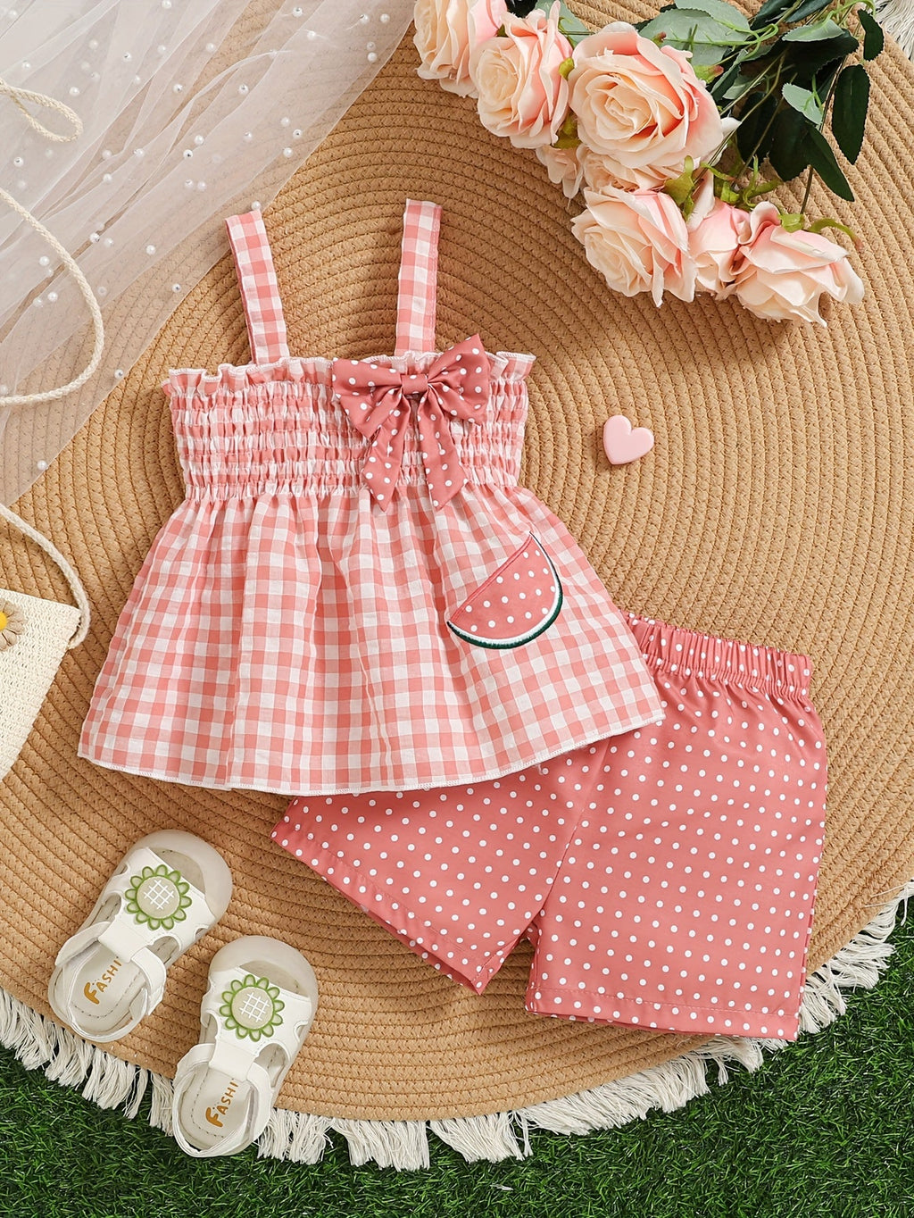 Toddler Girls Shorts Set in Red Gingham with a Strawberry Top and Matching Polka Dot Bottoms