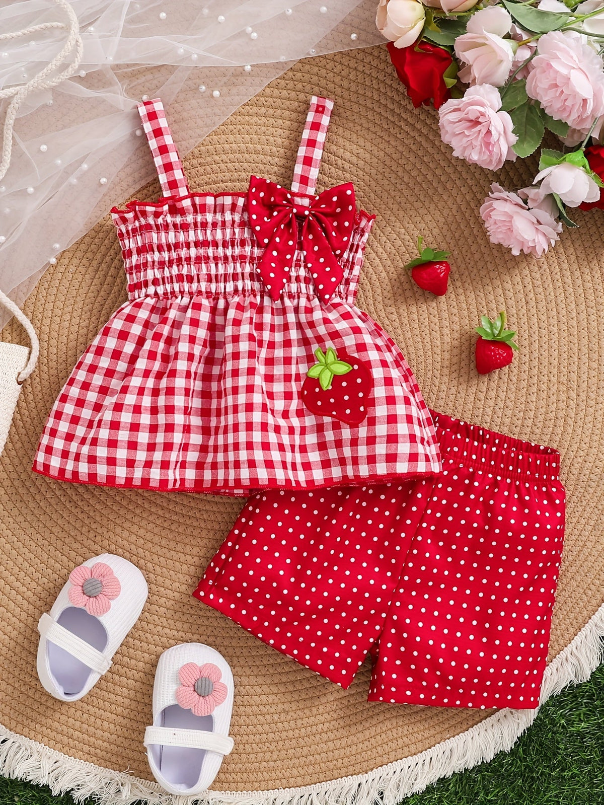 Toddler Girls Shorts Set in Red Gingham with a Strawberry Top and Matching Polka Dot Bottoms
