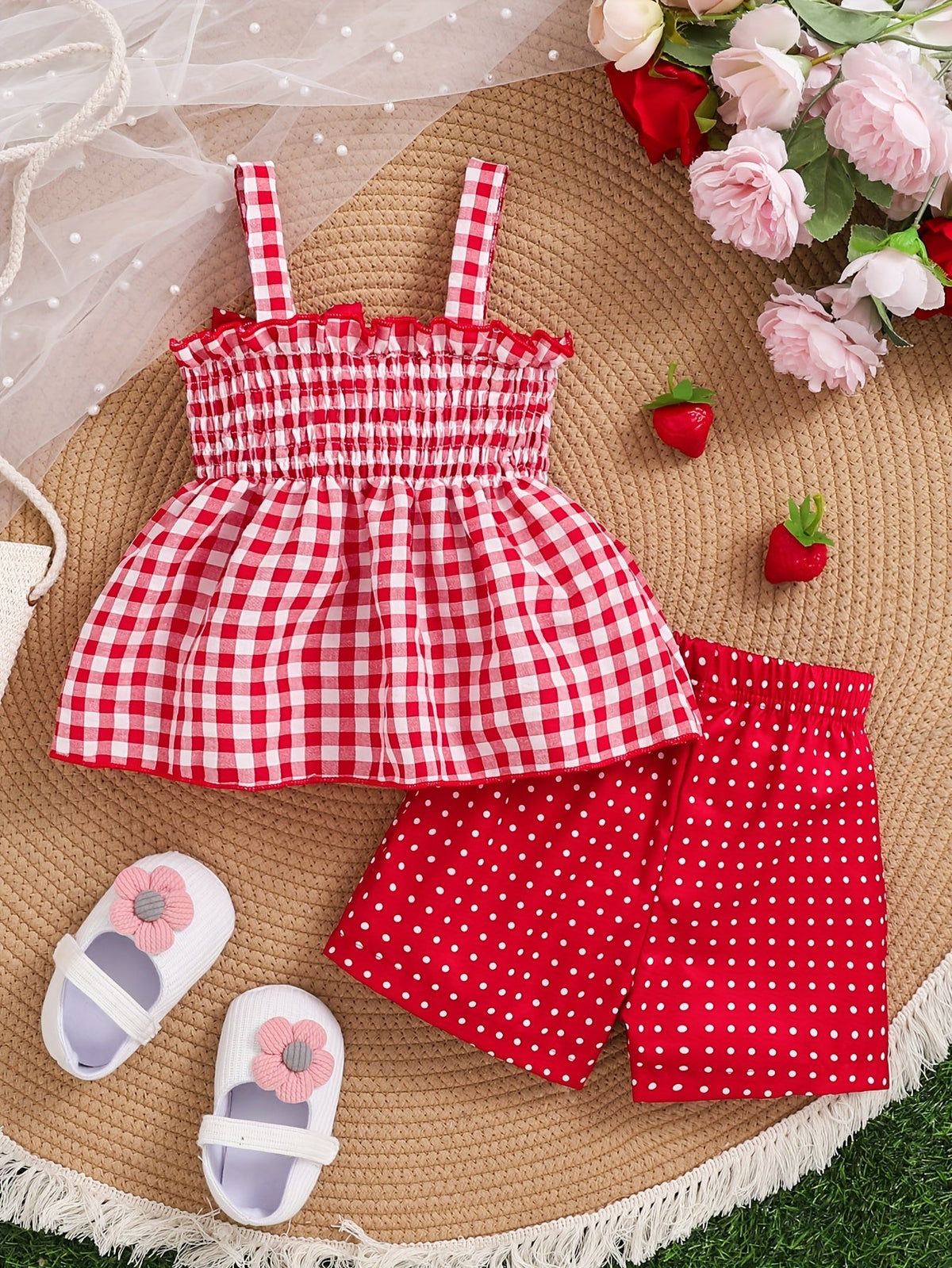 Toddler Girls Shorts Set in Red Gingham with a Strawberry Top and Matching Polka Dot Bottoms