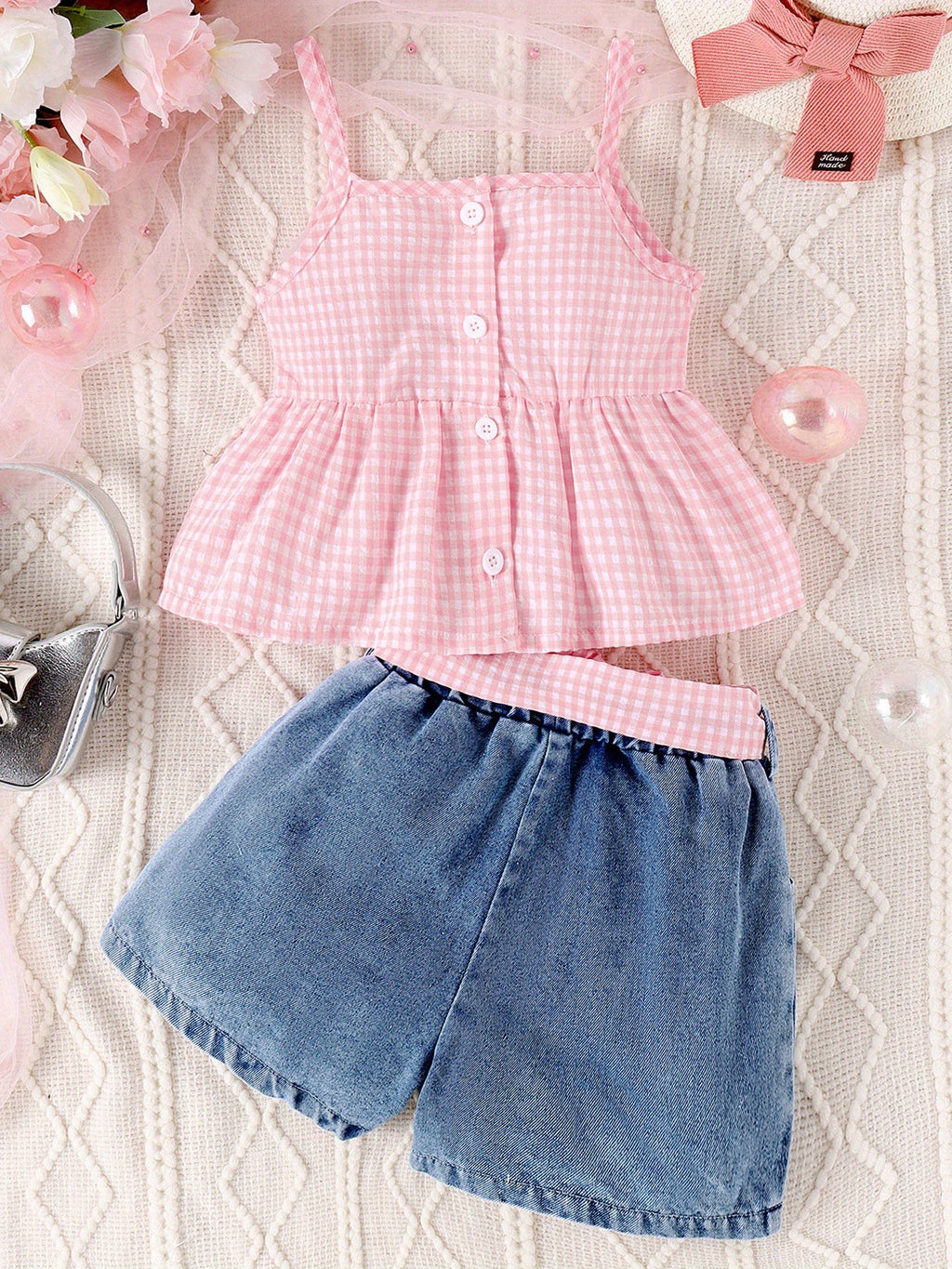 Girls' Pink Gingham Bow Top and Denim Shorts Set with Ruffled Sleeveless Styling for Warm Weather Outfits