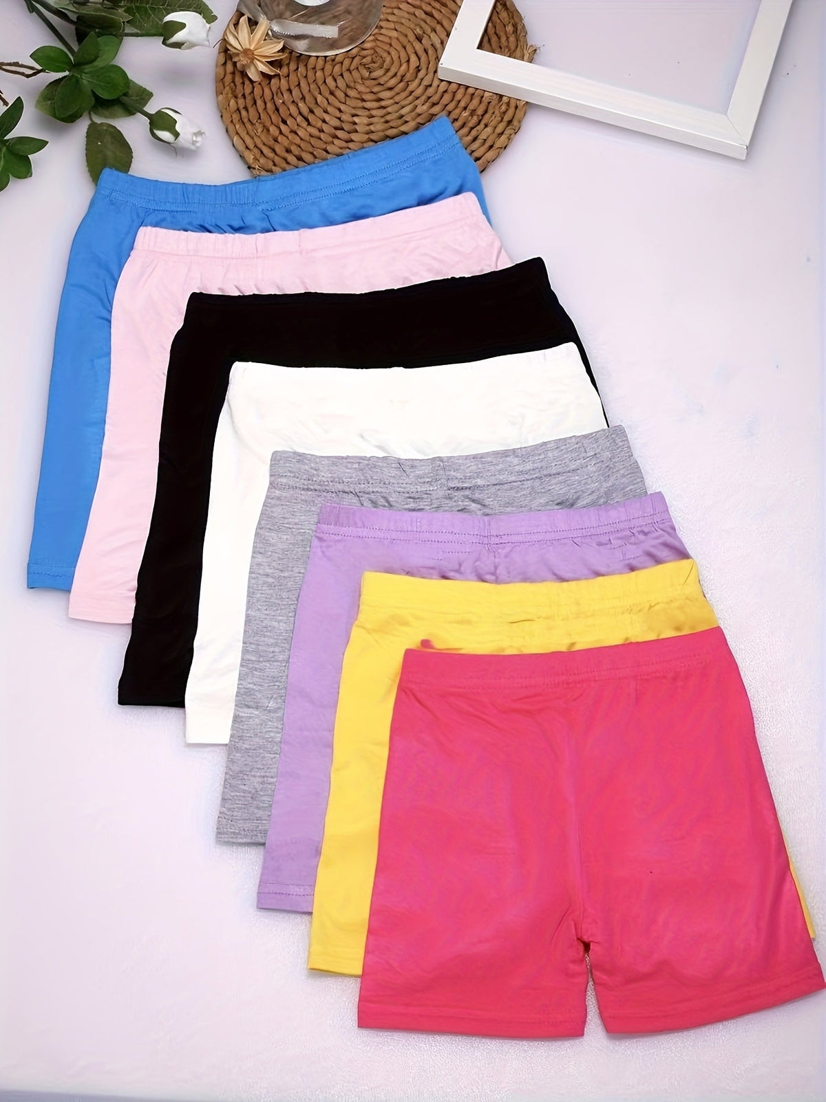 Girls' Modal Bike Shorts Eight Pack in Random Solid Colors with a Stretch Waist for Dance and Dress Layering