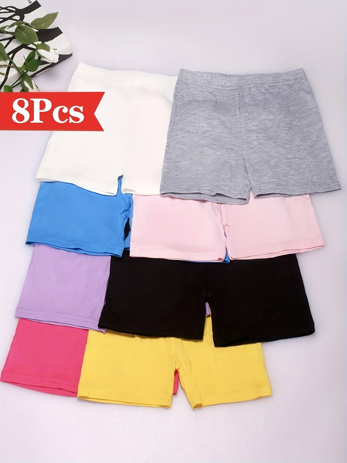 Girls' Modal Bike Shorts Eight Pack in Random Solid Colors with a Stretch Waist for Dance and Dress Layering