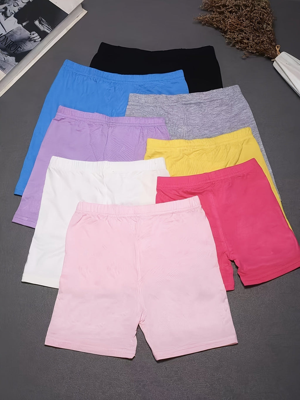 Girls' Modal Bike Shorts Eight Pack in Random Solid Colors with a Stretch Waist for Dance and Dress Layering