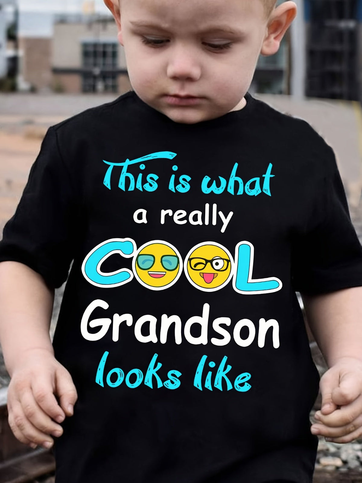Boys' Black Cool Grandson Graphic T-Shirt with Colorful Lettering and Short Sleeves for Casual Everyday Wear
