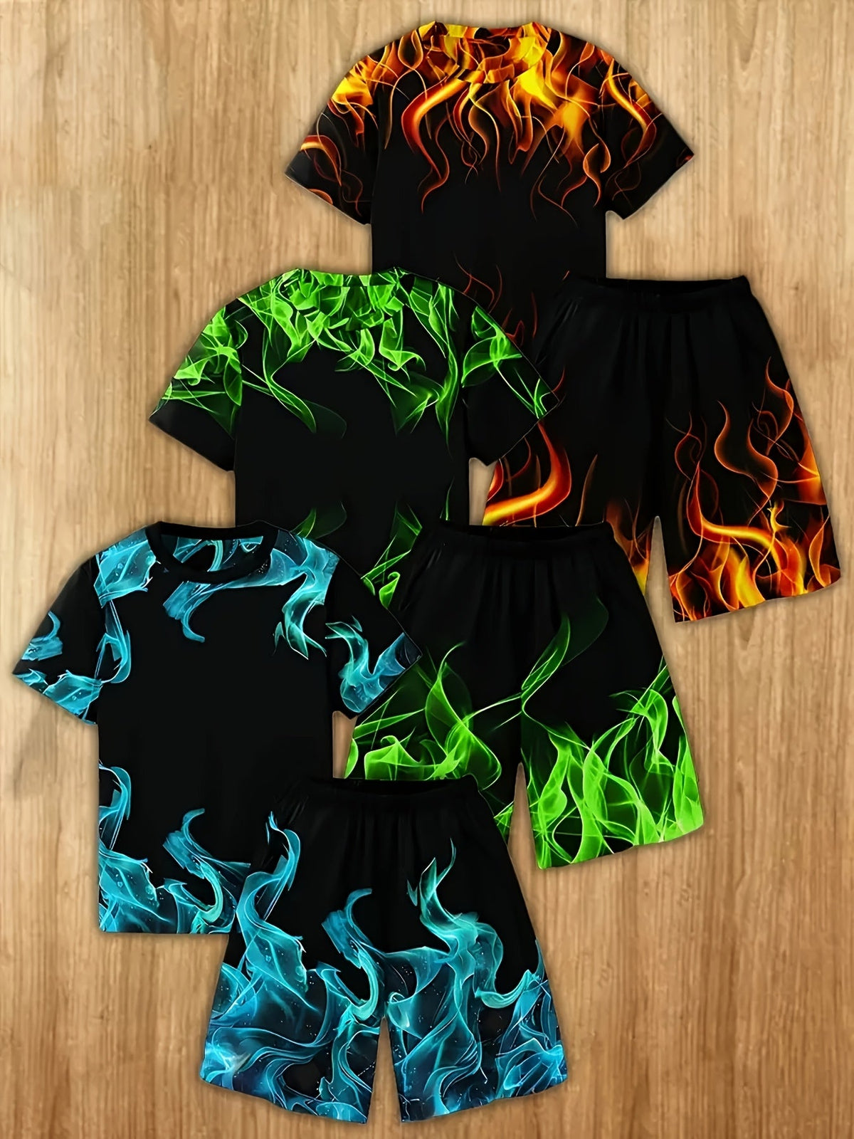 Boys' Three Flame Print Shirt and Shorts Sets in Orange Green and Blue with Crew Neck Short Sleeve Tops