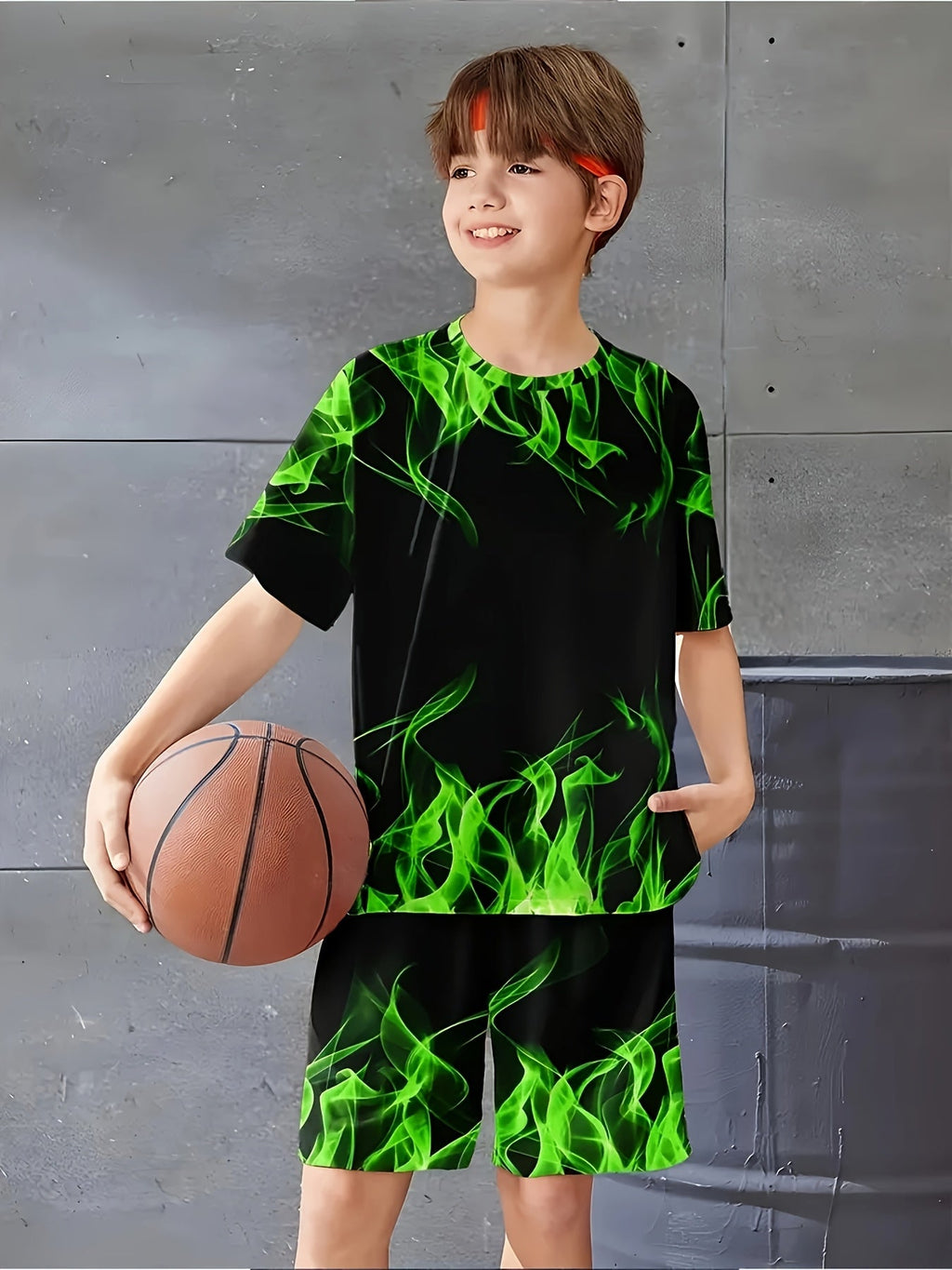 Boys' Three Flame Print Shirt and Shorts Sets in Orange Green and Blue with Crew Neck Short Sleeve Tops