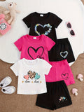 Baby Girls' Heart Print Shorts Outfits with Three Short Sleeve Tops and Matching Shorts for Summer