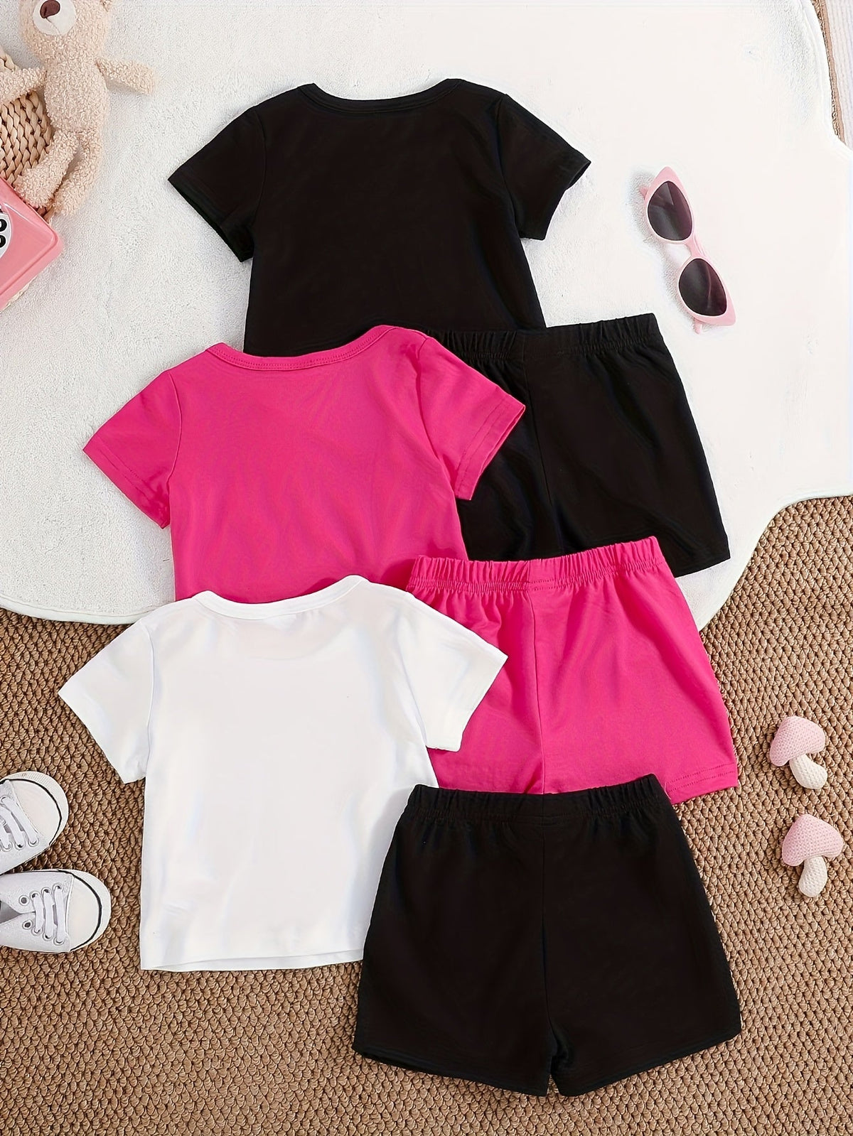 Baby Girls' Heart Print Shorts Outfits with Three Short Sleeve Tops and Matching Shorts for Summer