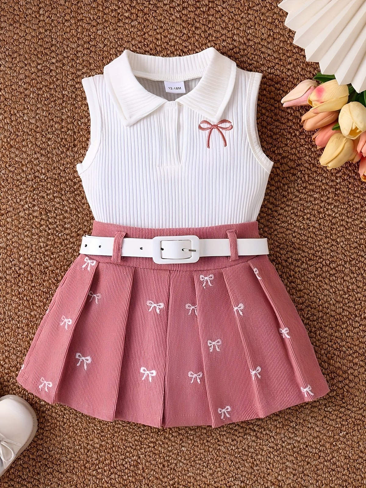 Toddler Girls' Skirt Outfit with a White Collared Bow Top and Pink Pleated Skirt, Including a Belt