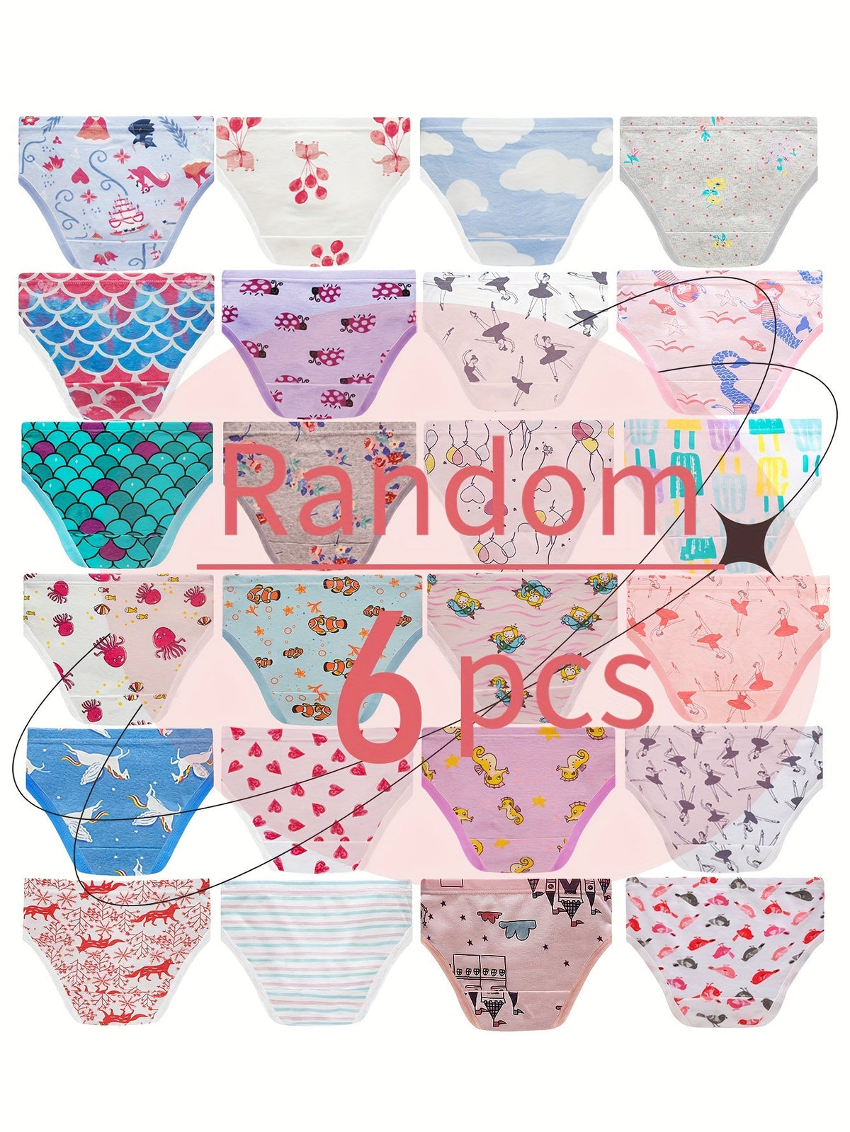 Girls' Random Printed Briefs in a Six Pack with Flower and Animal Designs for Everyday Underwear Changes