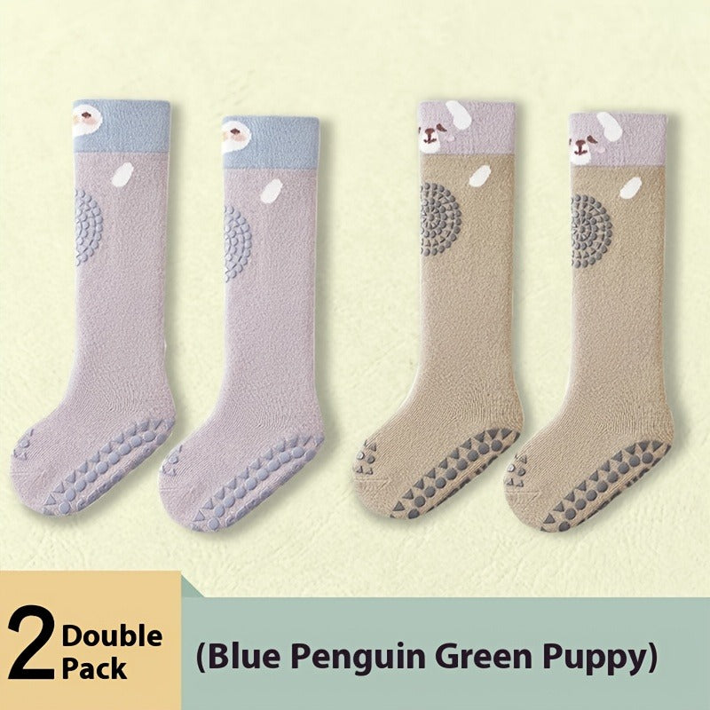 Baby Knee High Socks in Two Pair Animal Sets with Grippy Soles and Knit Legs for Everyday Little Outfits