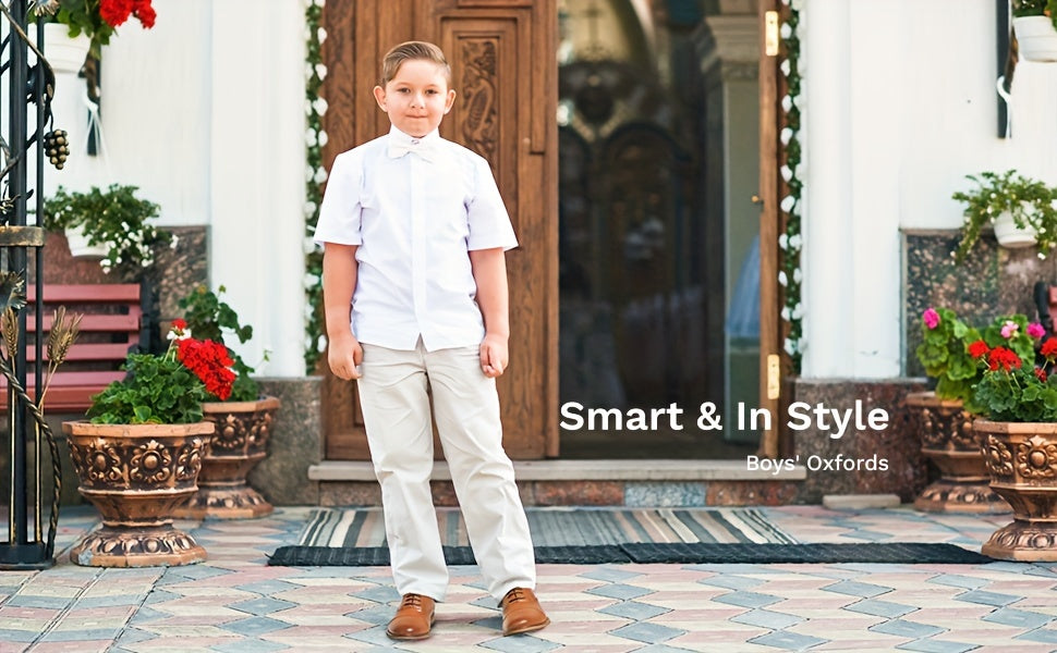 Boys' Cap Toe Oxford Shoes with Smooth Synthetic Leather Uppers and Low Heels for Formal Outfits