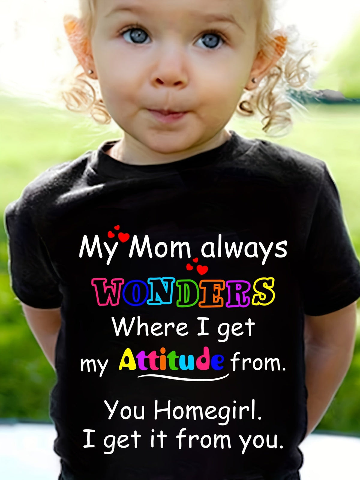 Girls' Cotton Graphic T-Shirt with My Mom Always Wonders Lettering and Short Sleeves for Everyday Play