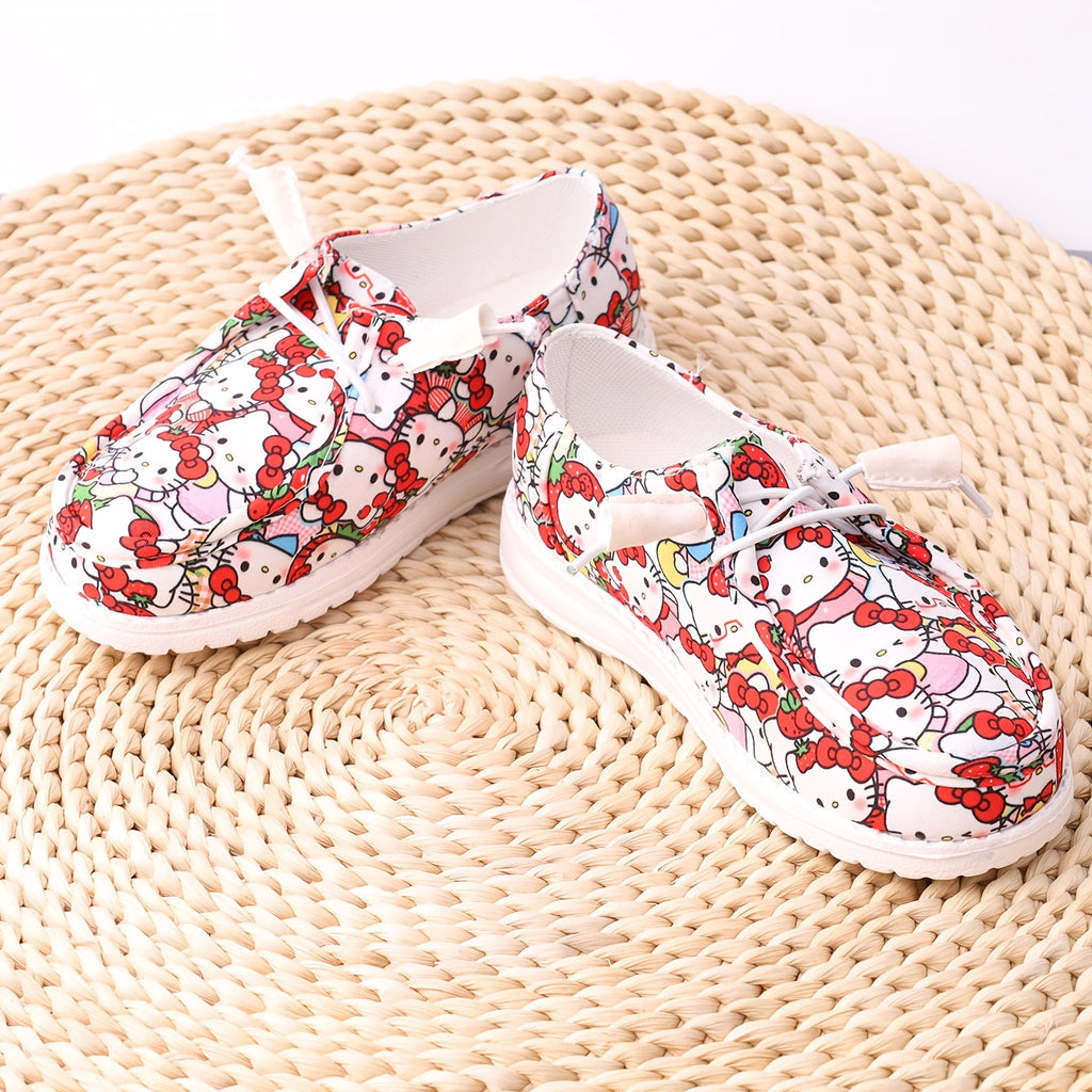 Kids' Cartoon Cat Casual Sneakers with Red Bow Prints and White Soles for Playful Everyday Outfits